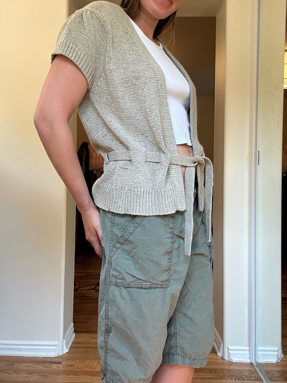 Adorable August silk Beige Open Knit Tie-Front Cardigan - Picture 2 of 7